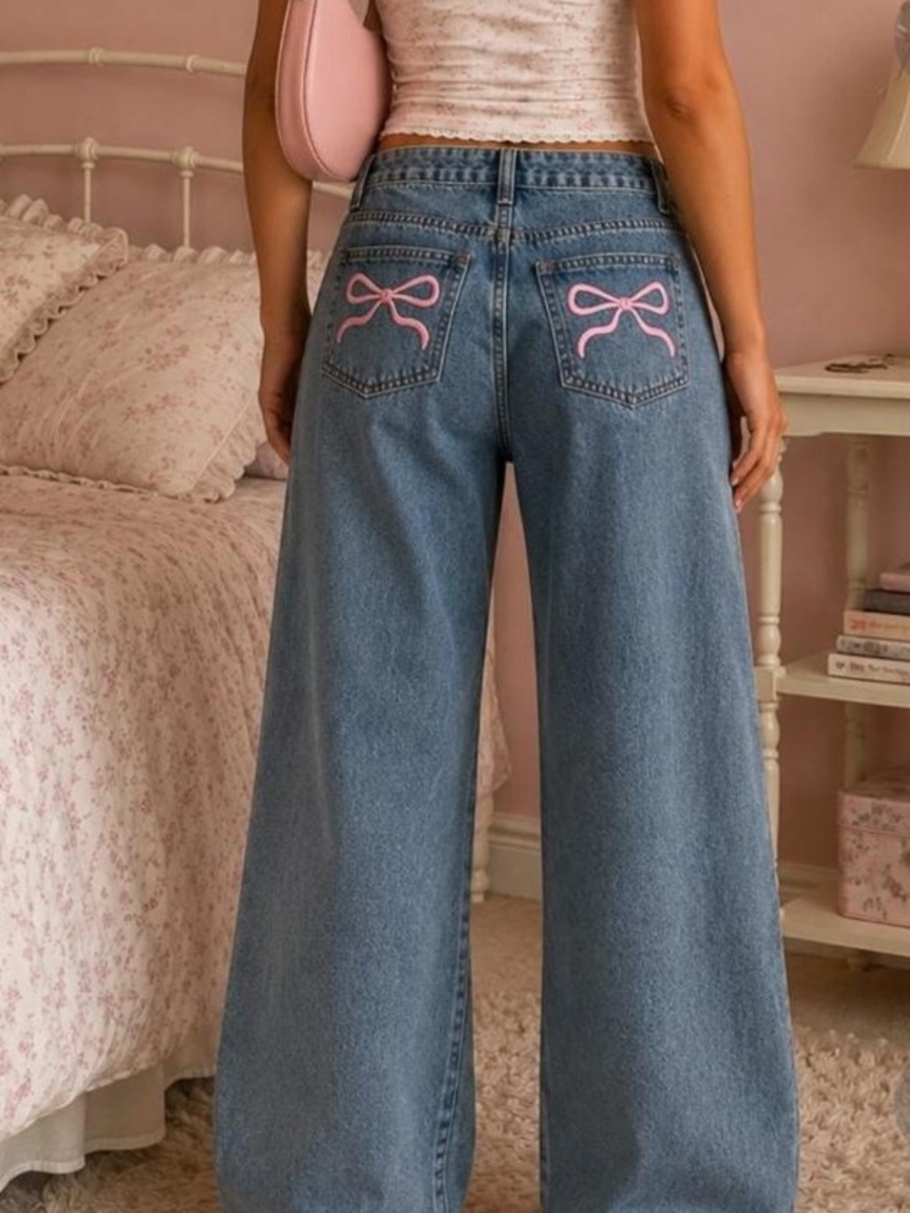 Telepatia Wide Leg Blue Jeans with Pink Bow Embroidery - Women's Jeans Sz 13/31